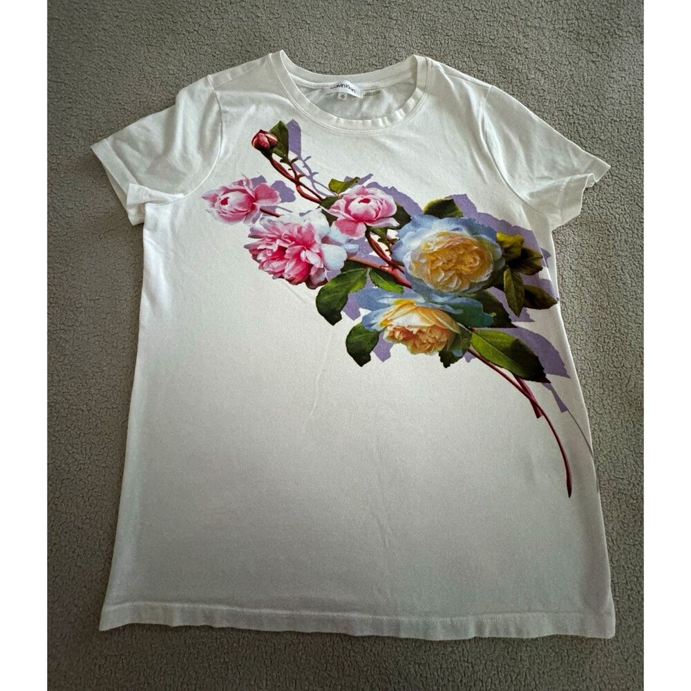 Calvin Klein White Floral Print Knit Crew Neck Short Sleeve Tee Women’s XS